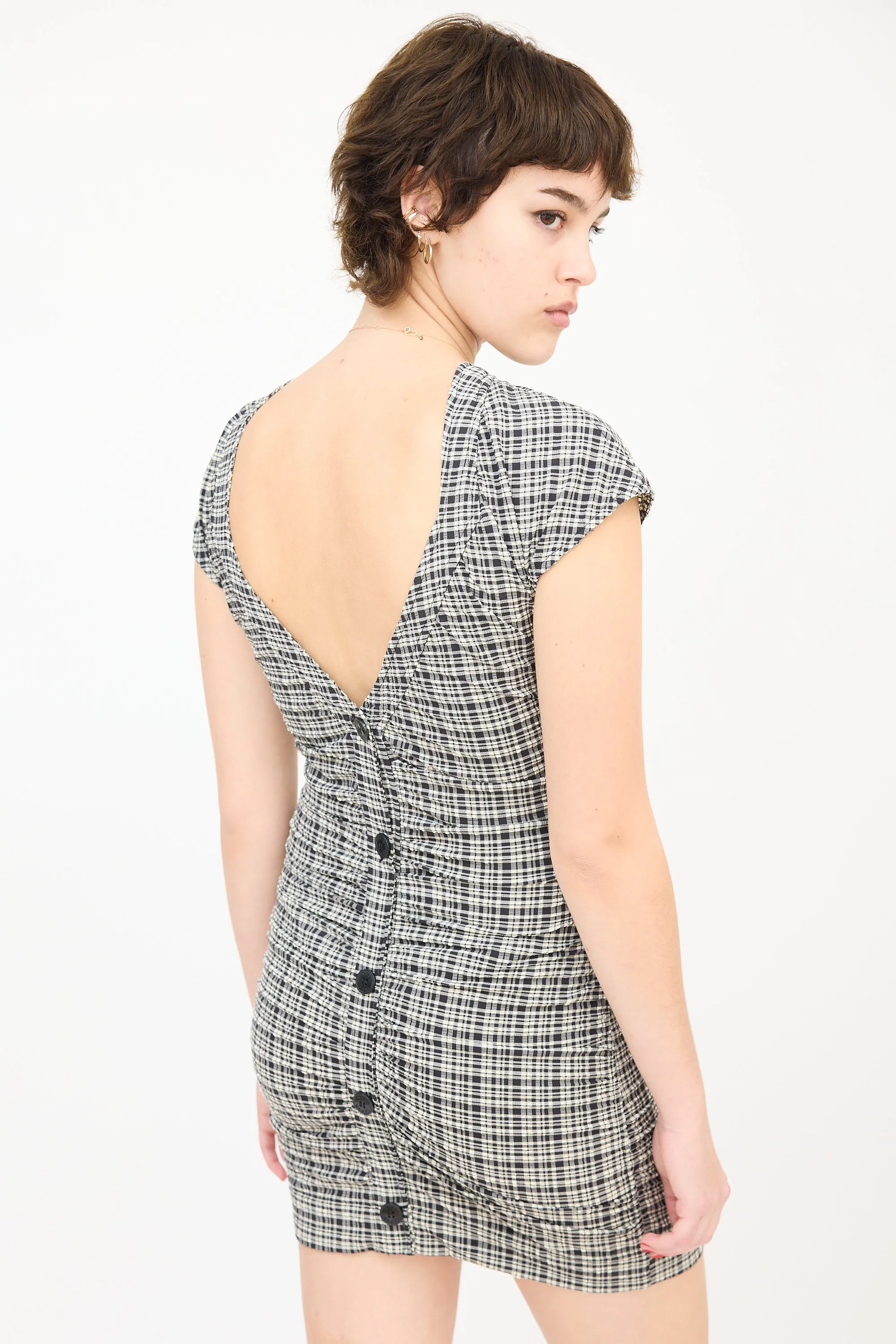 Black & White Seersucker Check Ruched Mini Dress