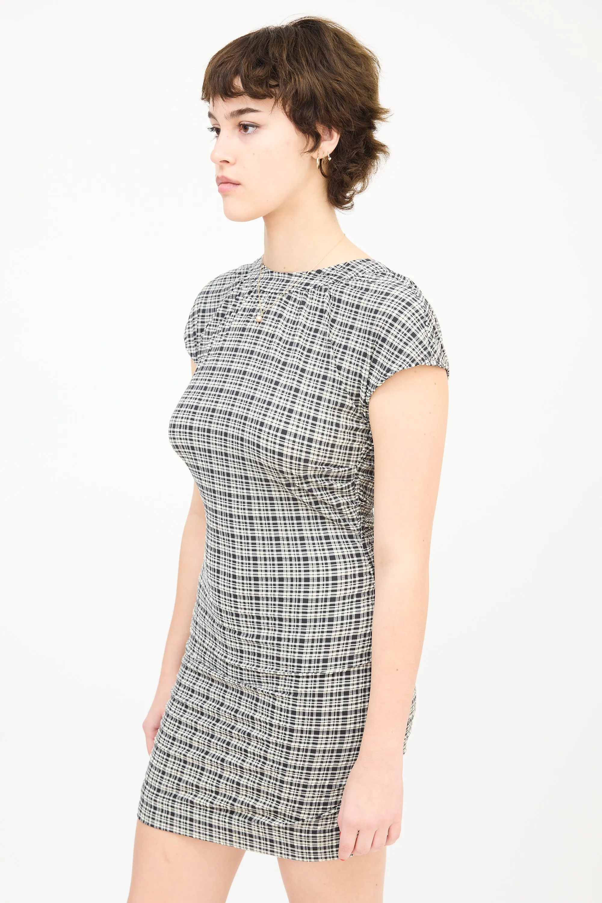 Black & White Seersucker Check Ruched Mini Dress