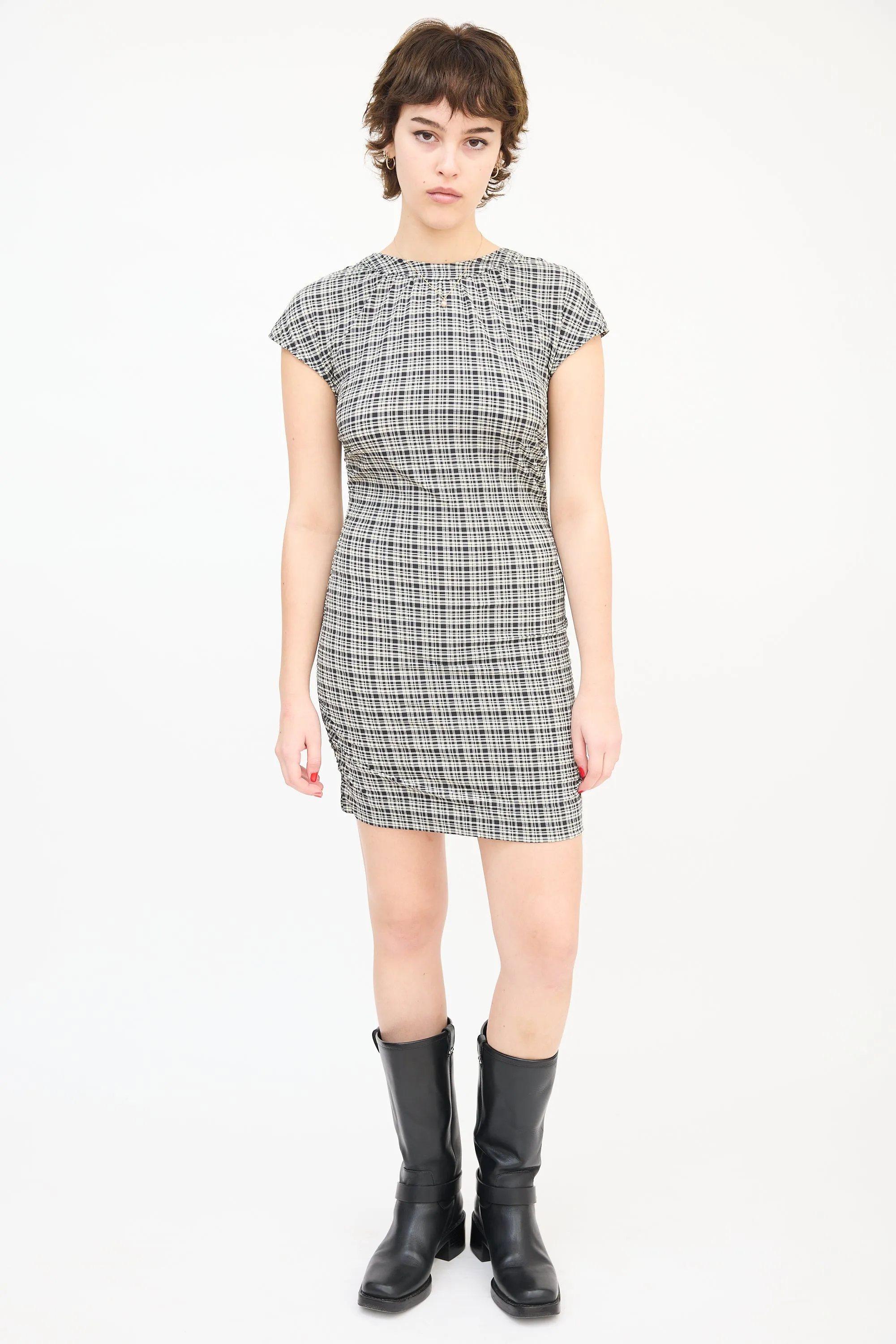 Black & White Seersucker Check Ruched Mini Dress