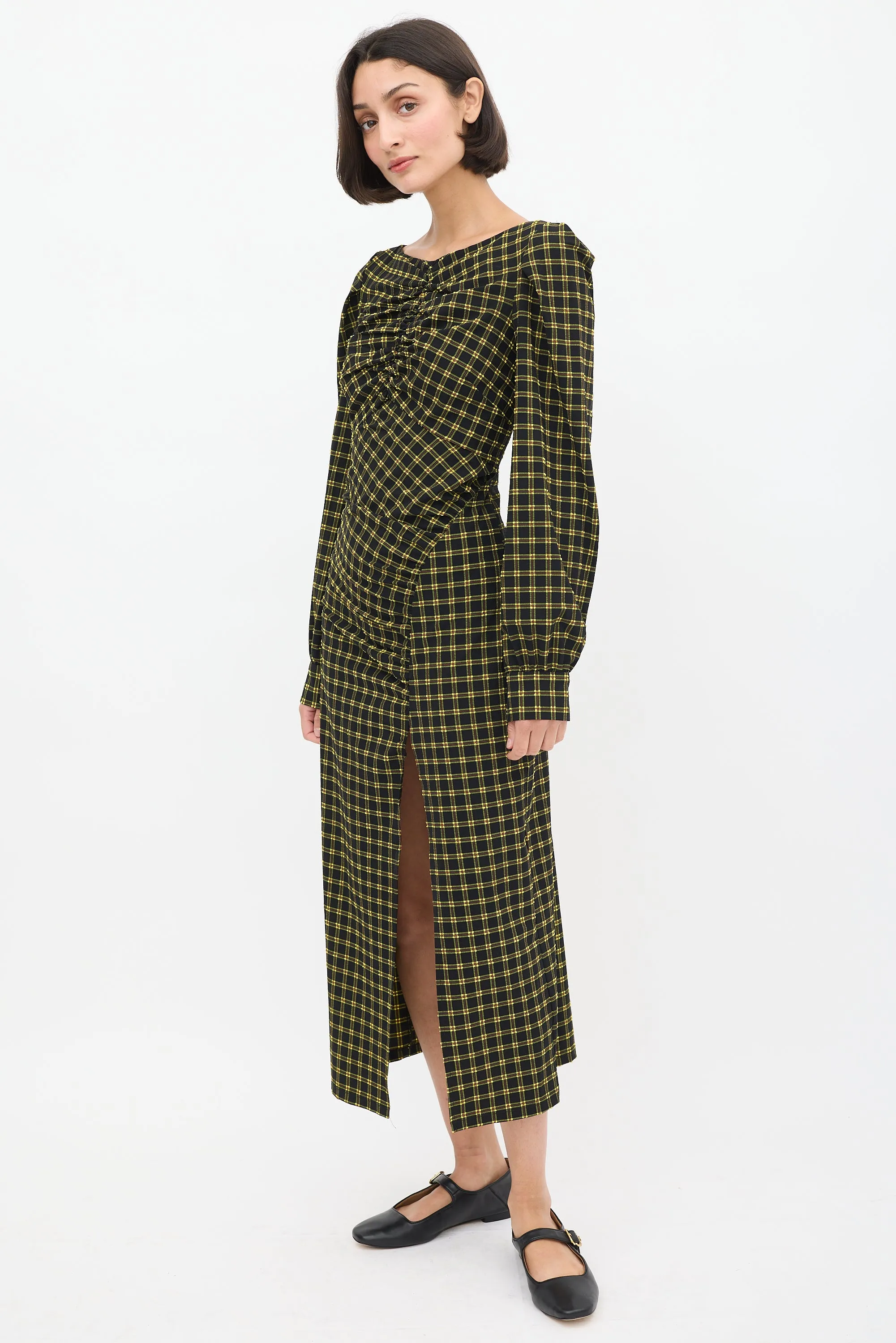Black & Yellow Seersucker Check Ruched Dress