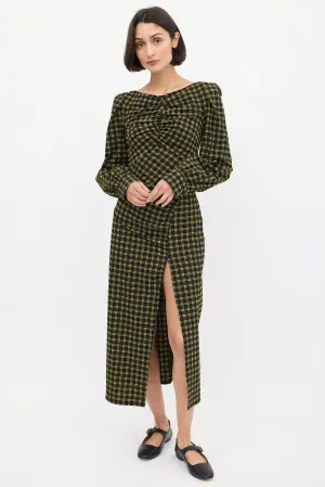 Black & Yellow Seersucker Check Ruched Dress