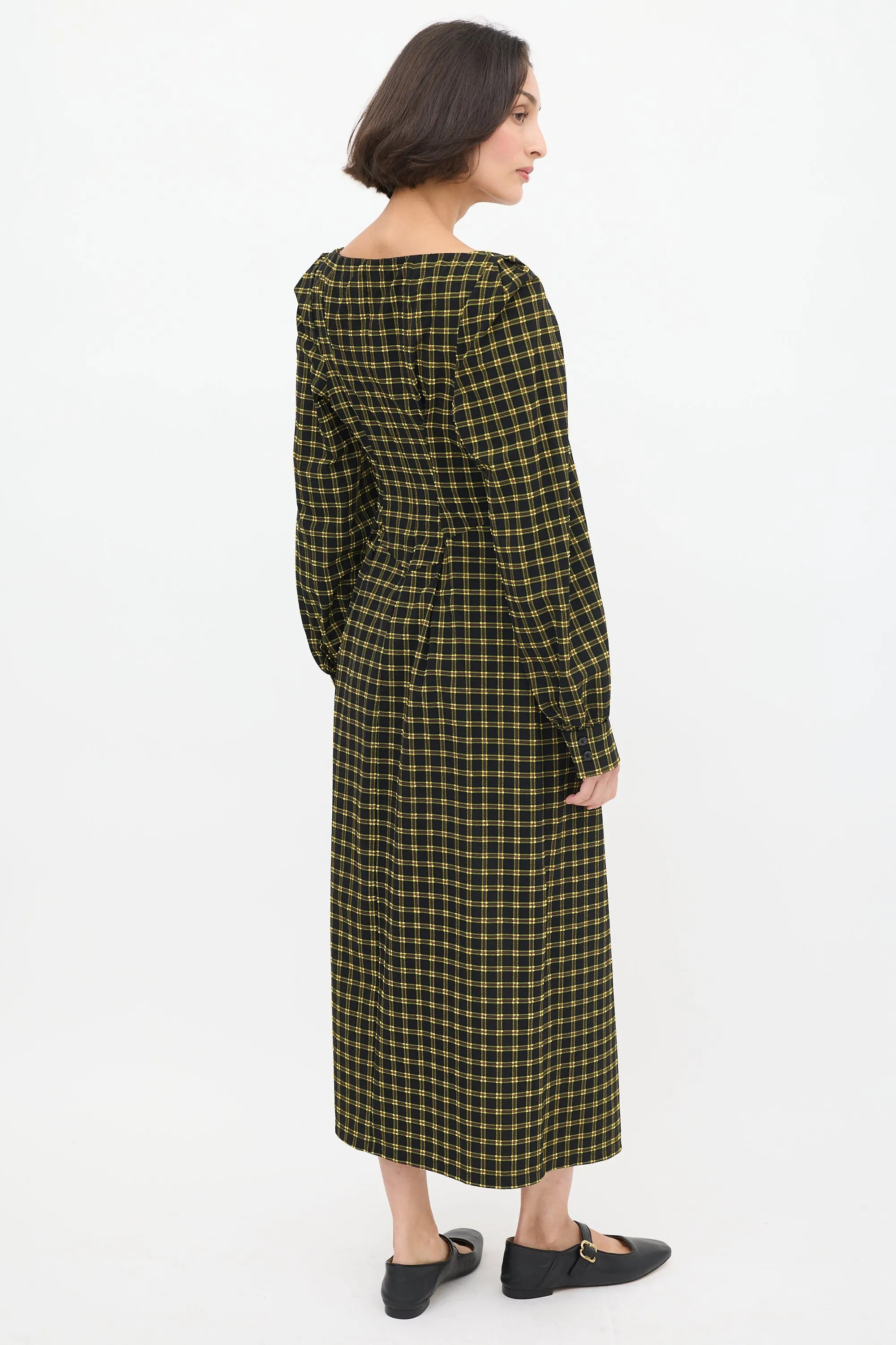 Black & Yellow Seersucker Check Ruched Dress