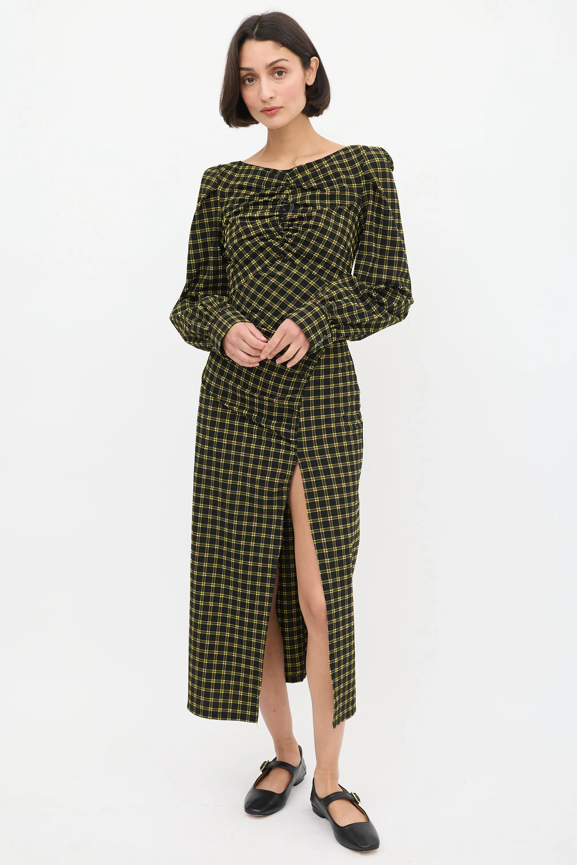 Black & Yellow Seersucker Check Ruched Dress