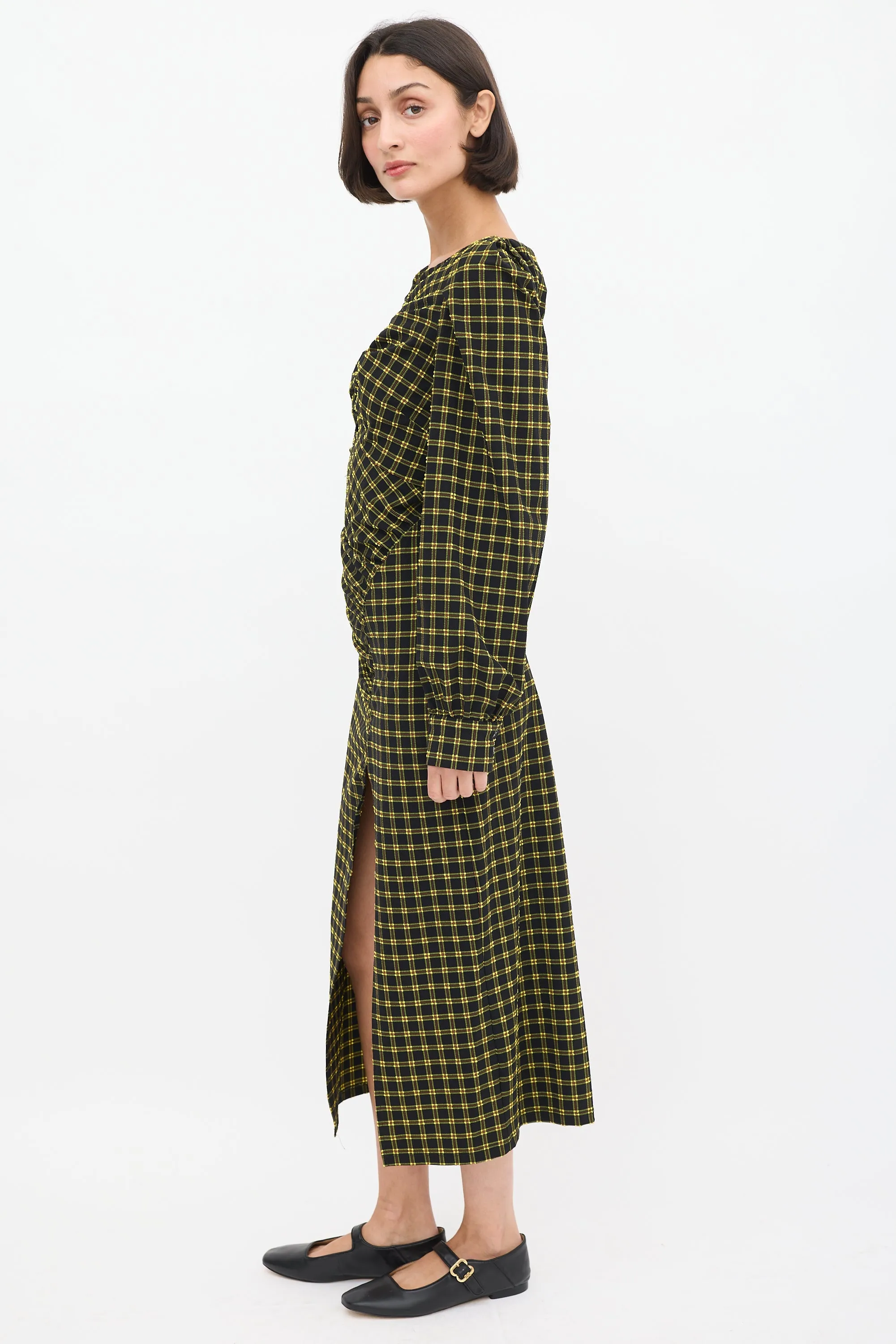 Black & Yellow Seersucker Check Ruched Dress