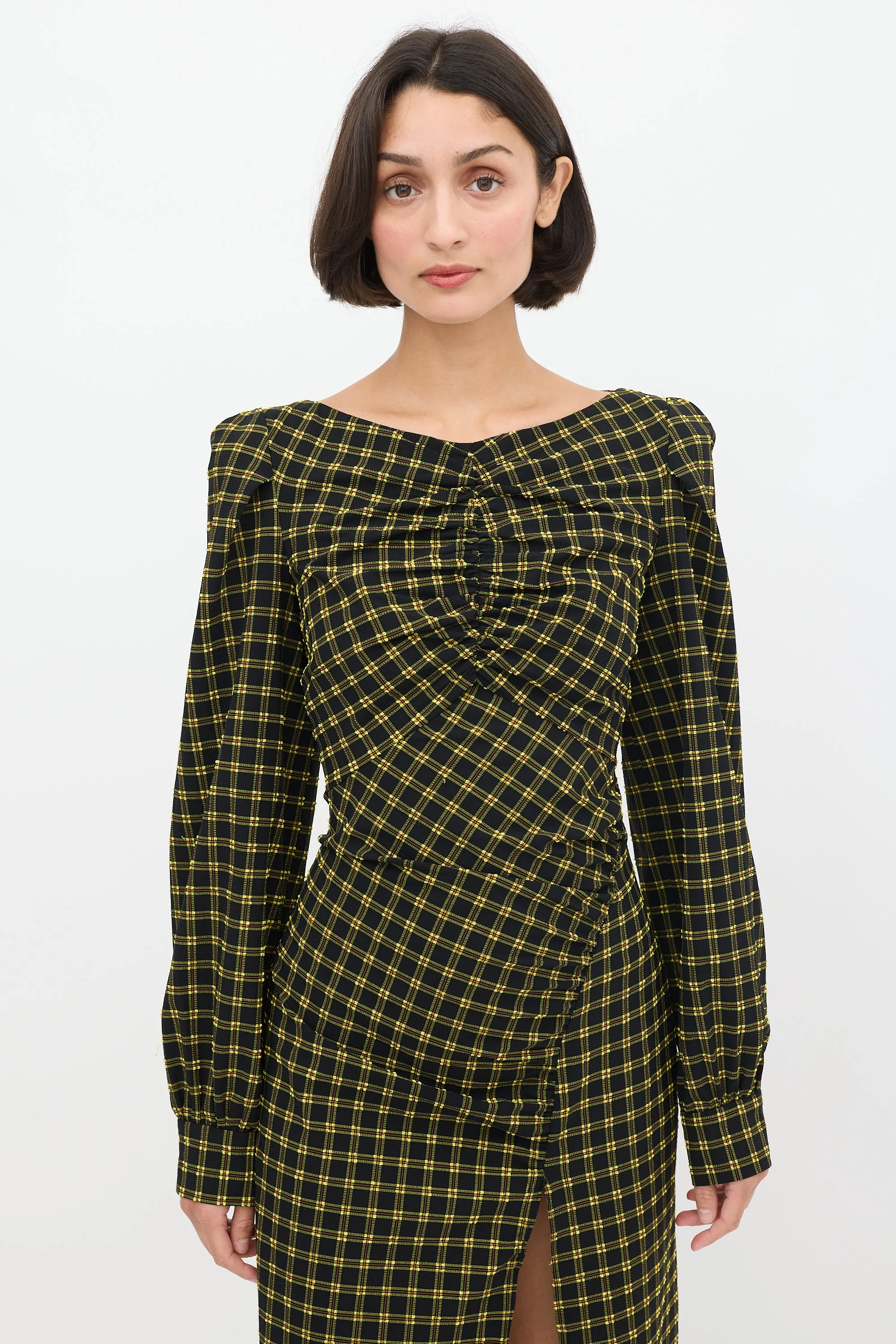 Black & Yellow Seersucker Check Ruched Dress