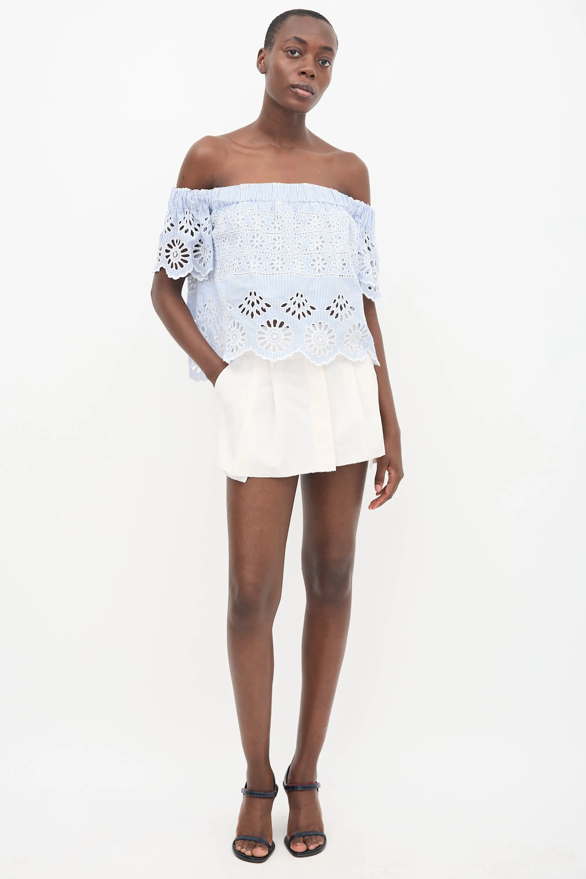 Blue & White Striped Off Shoulder Top