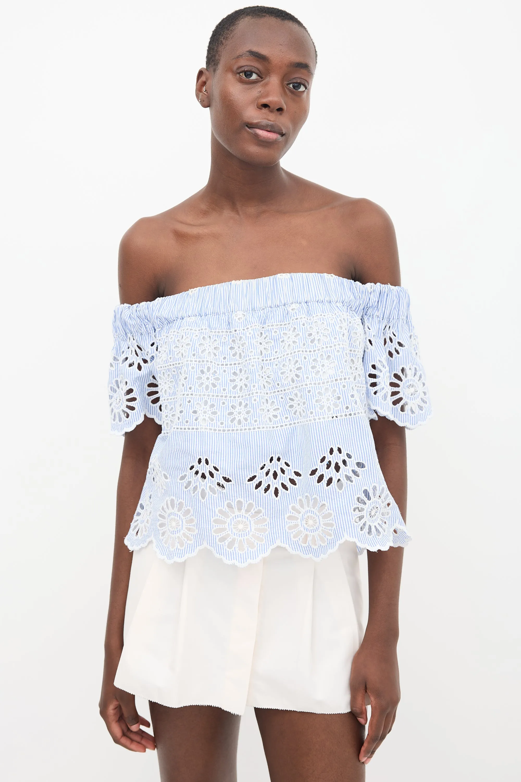 Blue & White Striped Off Shoulder Top