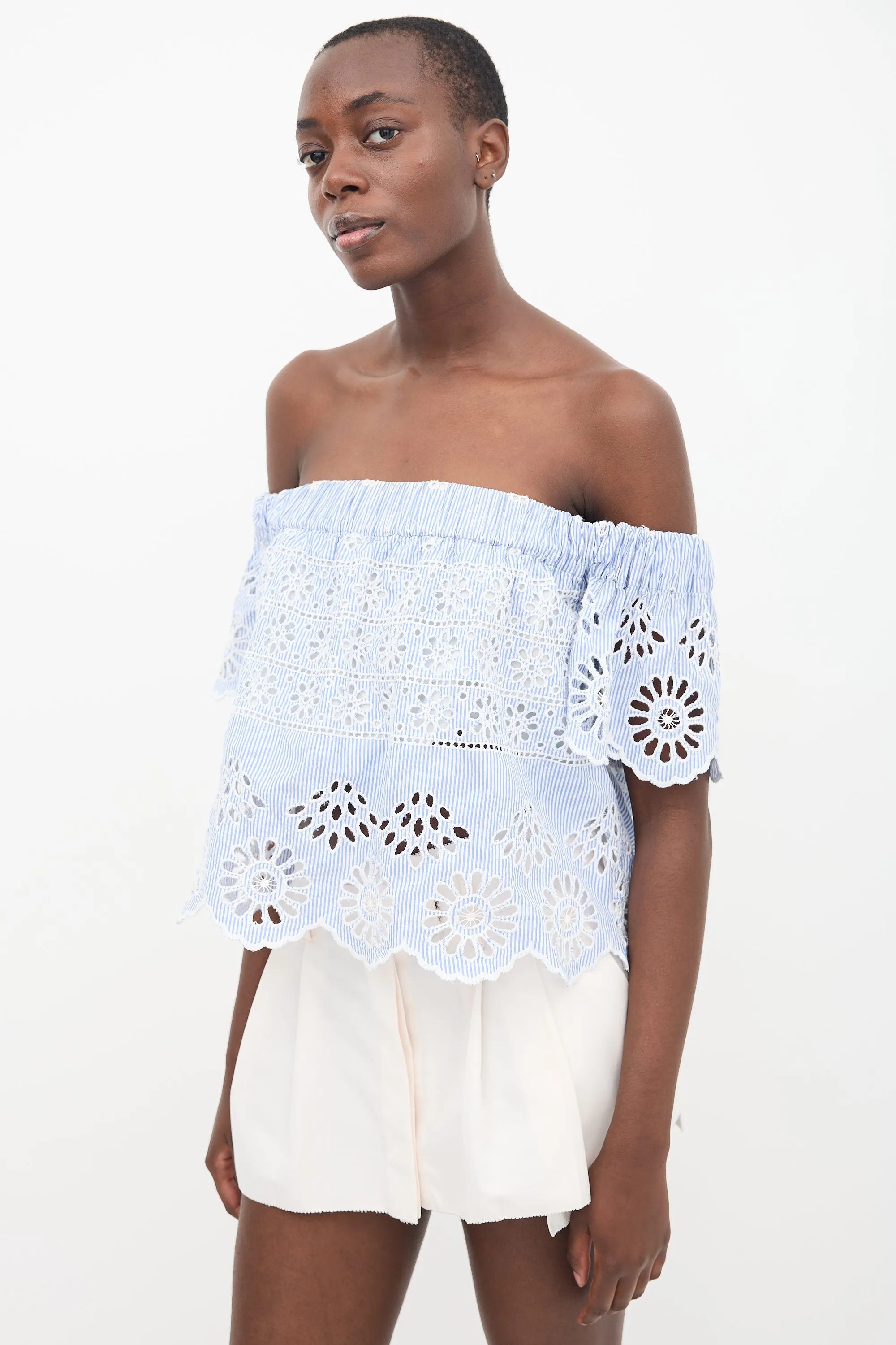 Blue & White Striped Off Shoulder Top
