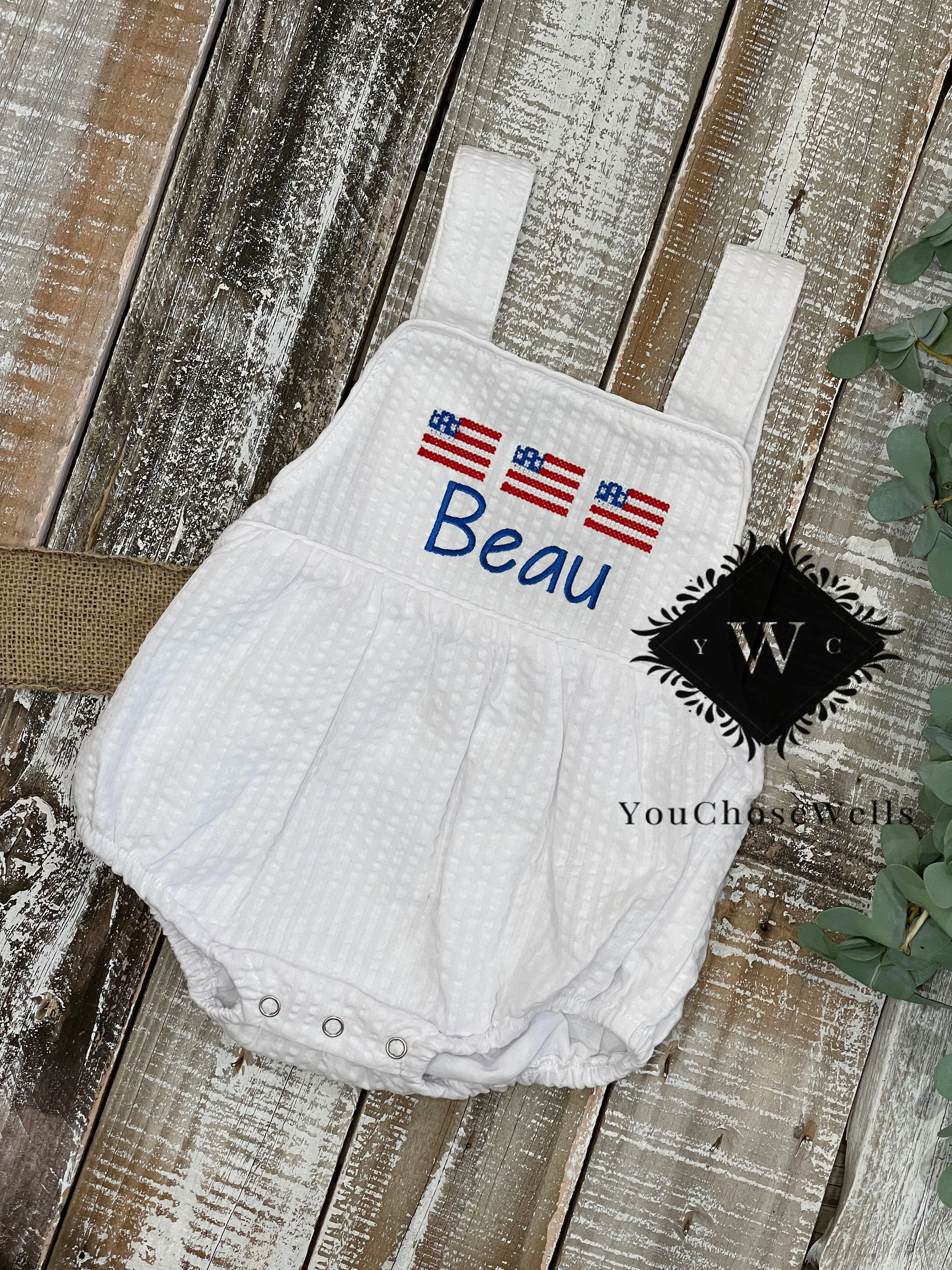 Custom Embroidered, Monogrammed, Personalized American Flag Cross Stitch Trio Seersucker Bubble with Seersucker Trim