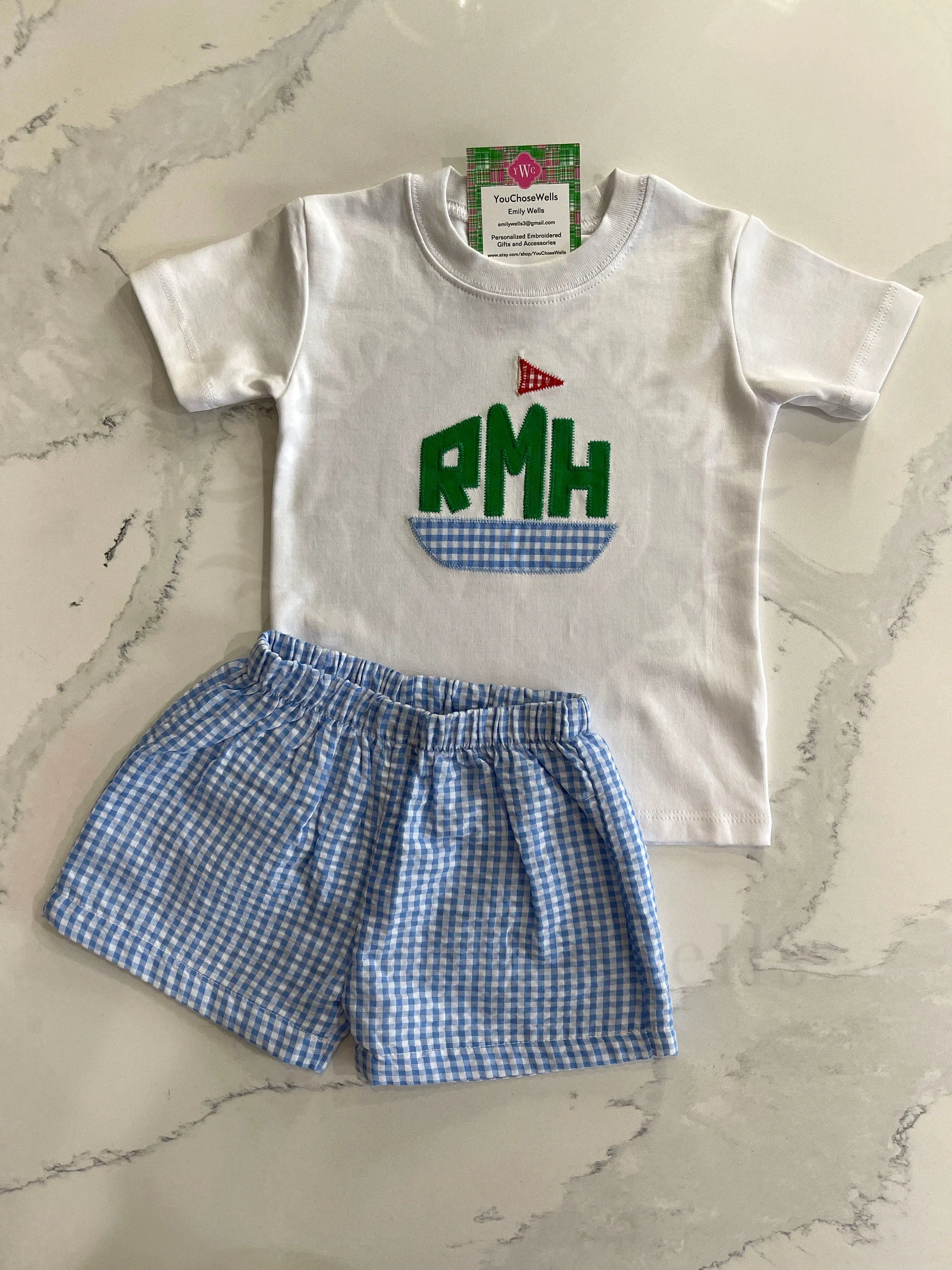 Custom Embroidered, Personalized Applique Sailboat Monogram and Navy or Blue Seersucker Gingham Short Set
