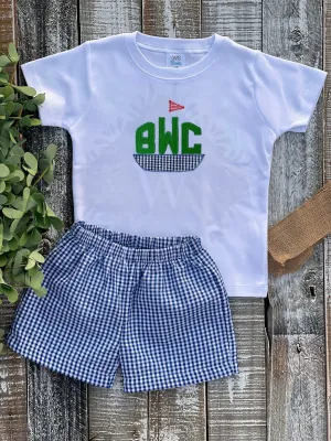 Custom Embroidered, Personalized Applique Sailboat Monogram and Navy or Blue Seersucker Gingham Short Set