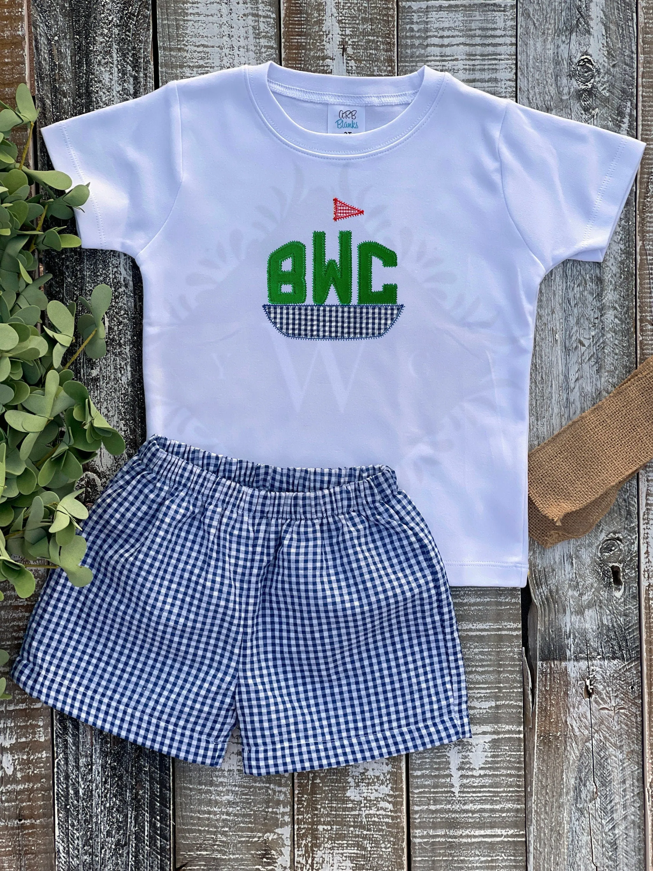 Custom Embroidered, Personalized Applique Sailboat Monogram and Navy or Blue Seersucker Gingham Short Set