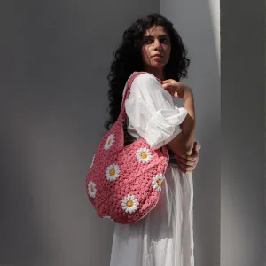 Daisy Floral Tote Bag | Hand-Crochet | Cotton Yarn | Rose Pink
