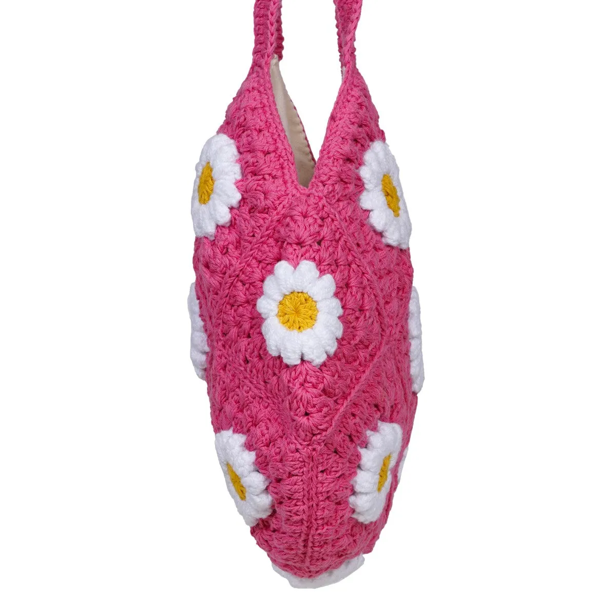 Daisy Floral Tote Bag | Hand-Crochet | Cotton Yarn | Rose Pink