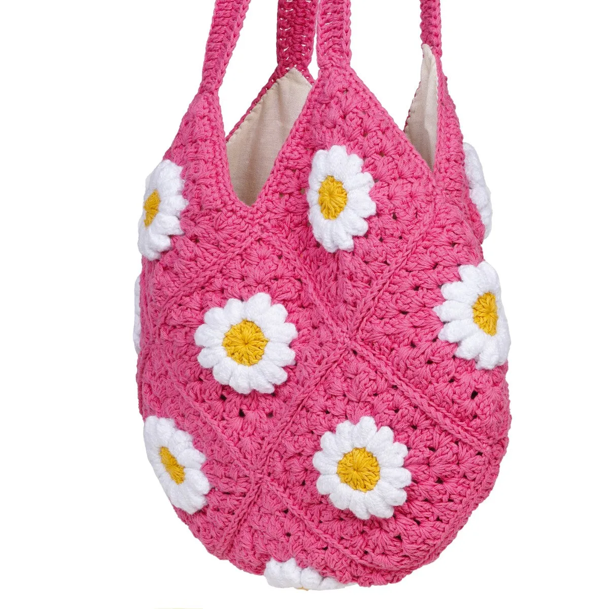 Daisy Floral Tote Bag | Hand-Crochet | Cotton Yarn | Rose Pink