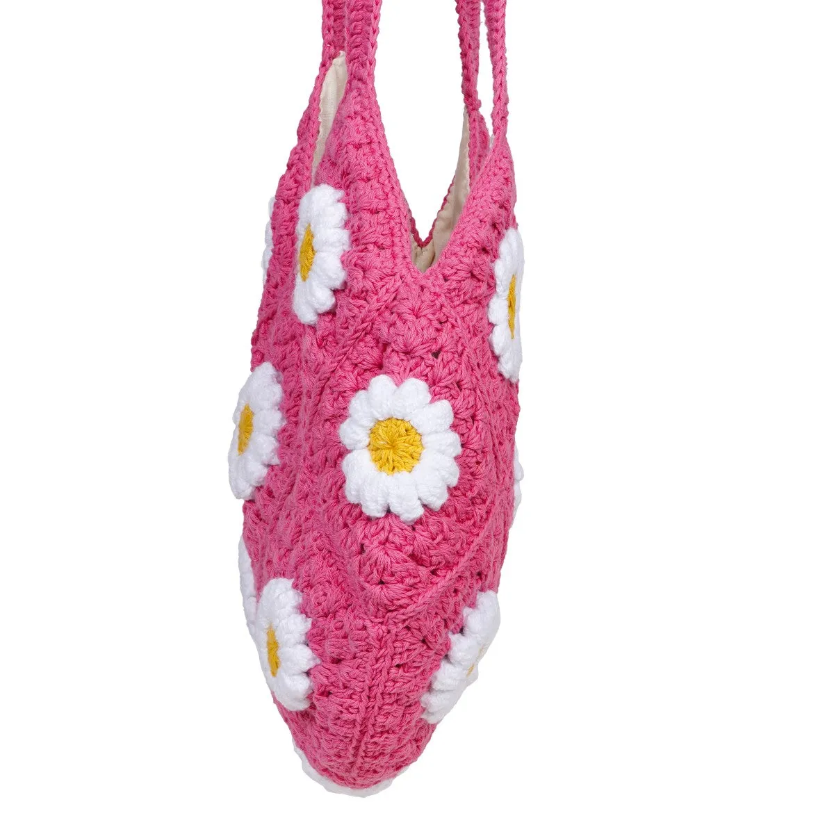 Daisy Floral Tote Bag | Hand-Crochet | Cotton Yarn | Rose Pink