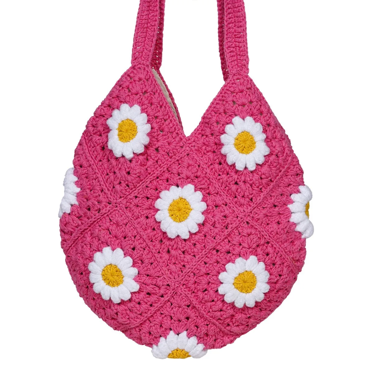 Daisy Floral Tote Bag | Hand-Crochet | Cotton Yarn | Rose Pink
