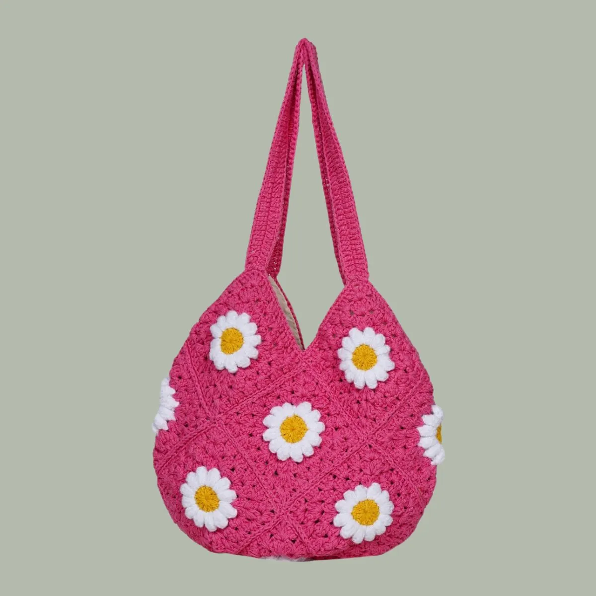 Daisy Floral Tote Bag | Hand-Crochet | Cotton Yarn | Rose Pink