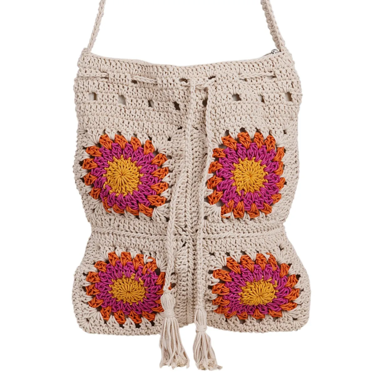 Floral Hand Bag | Hand-Crafted & Crochet | Cotton Yarn | Off White