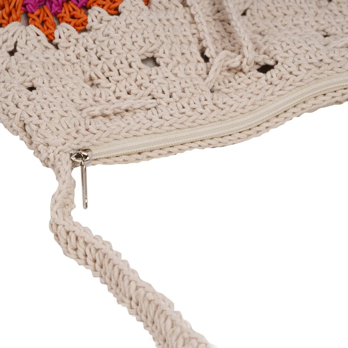 Floral Hand Bag | Hand-Crafted & Crochet | Cotton Yarn | Off White