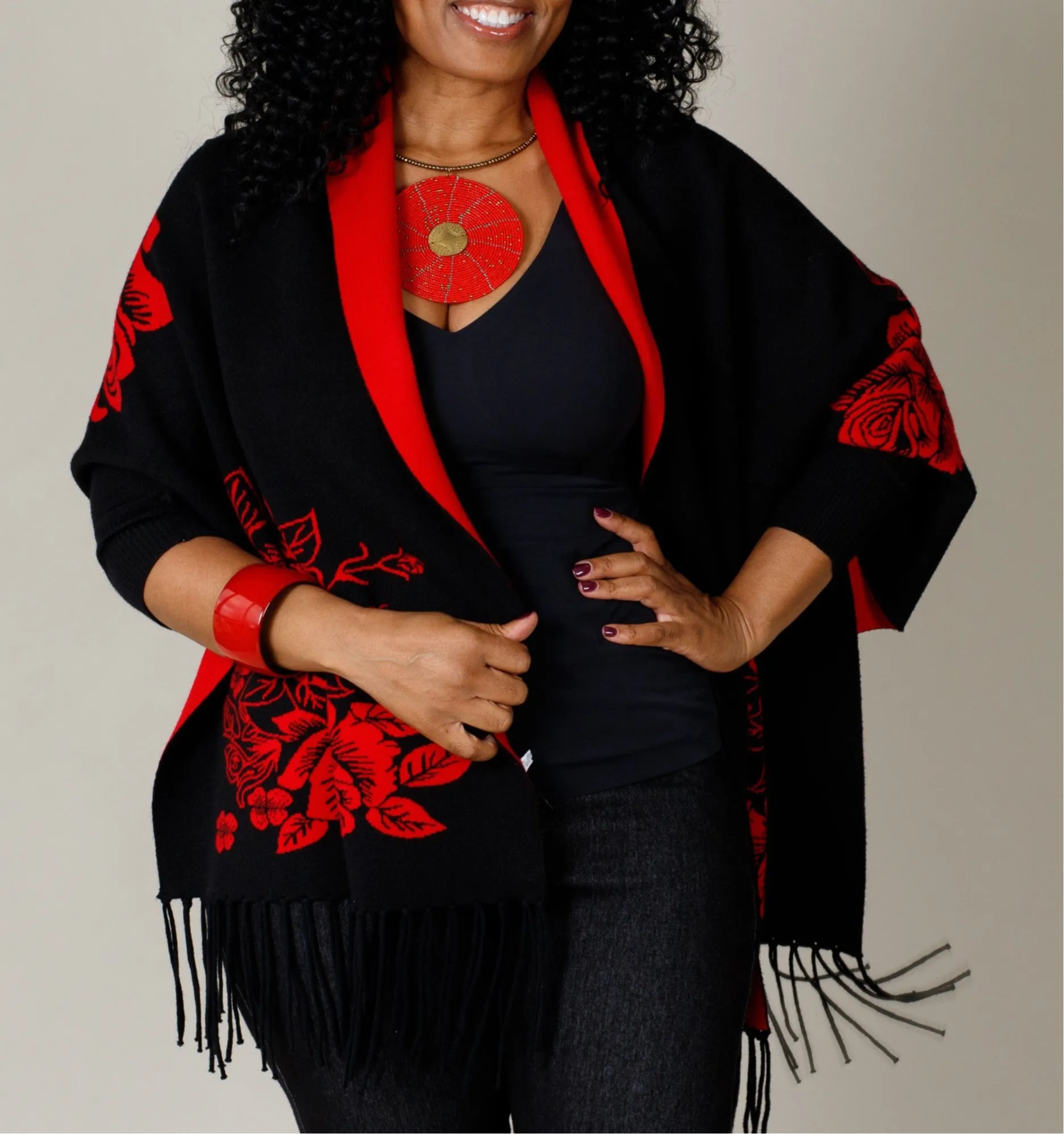 Flower Pattern Sleeve Cape Shawl with Fringe