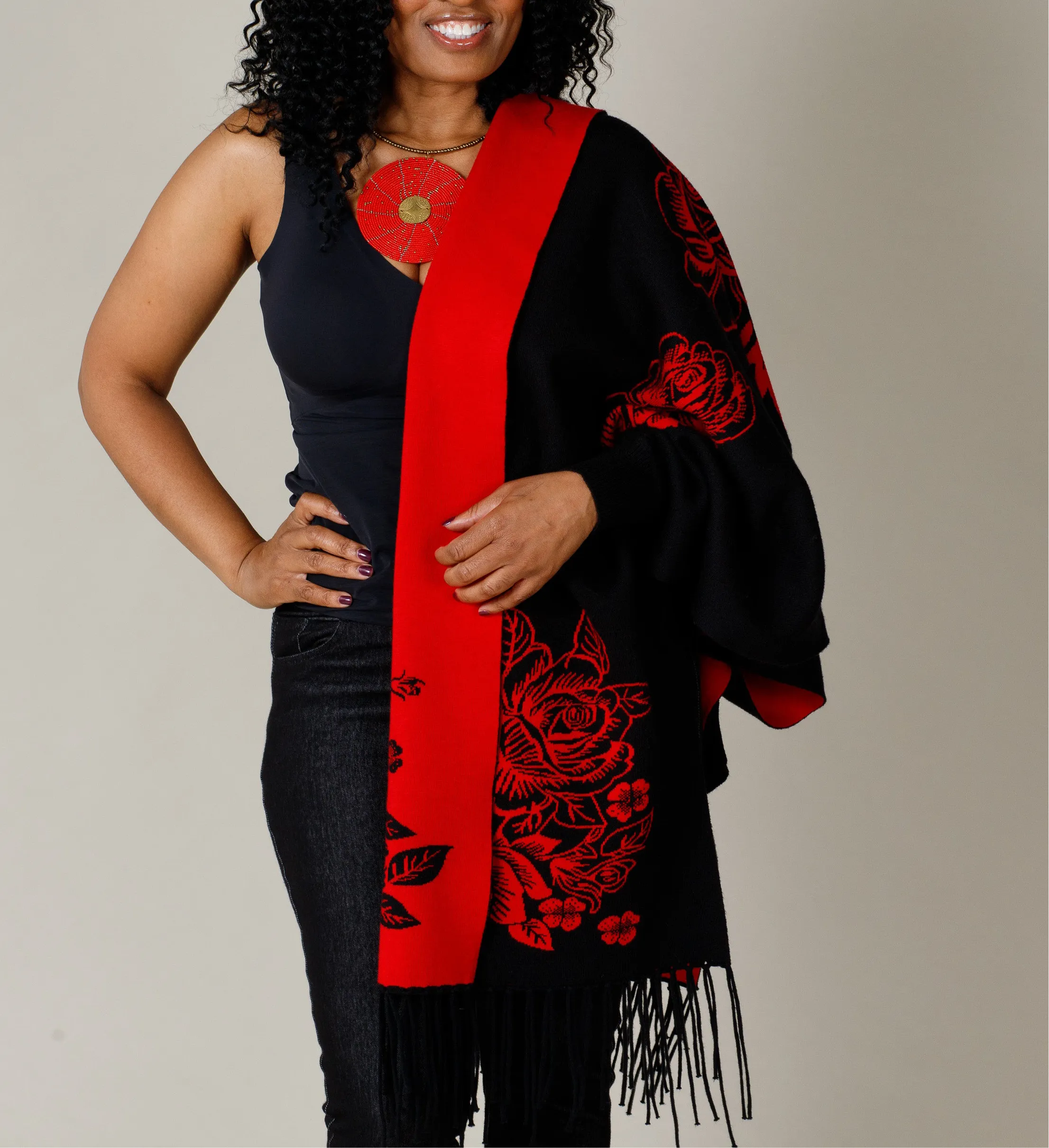 Flower Pattern Sleeve Cape Shawl with Fringe