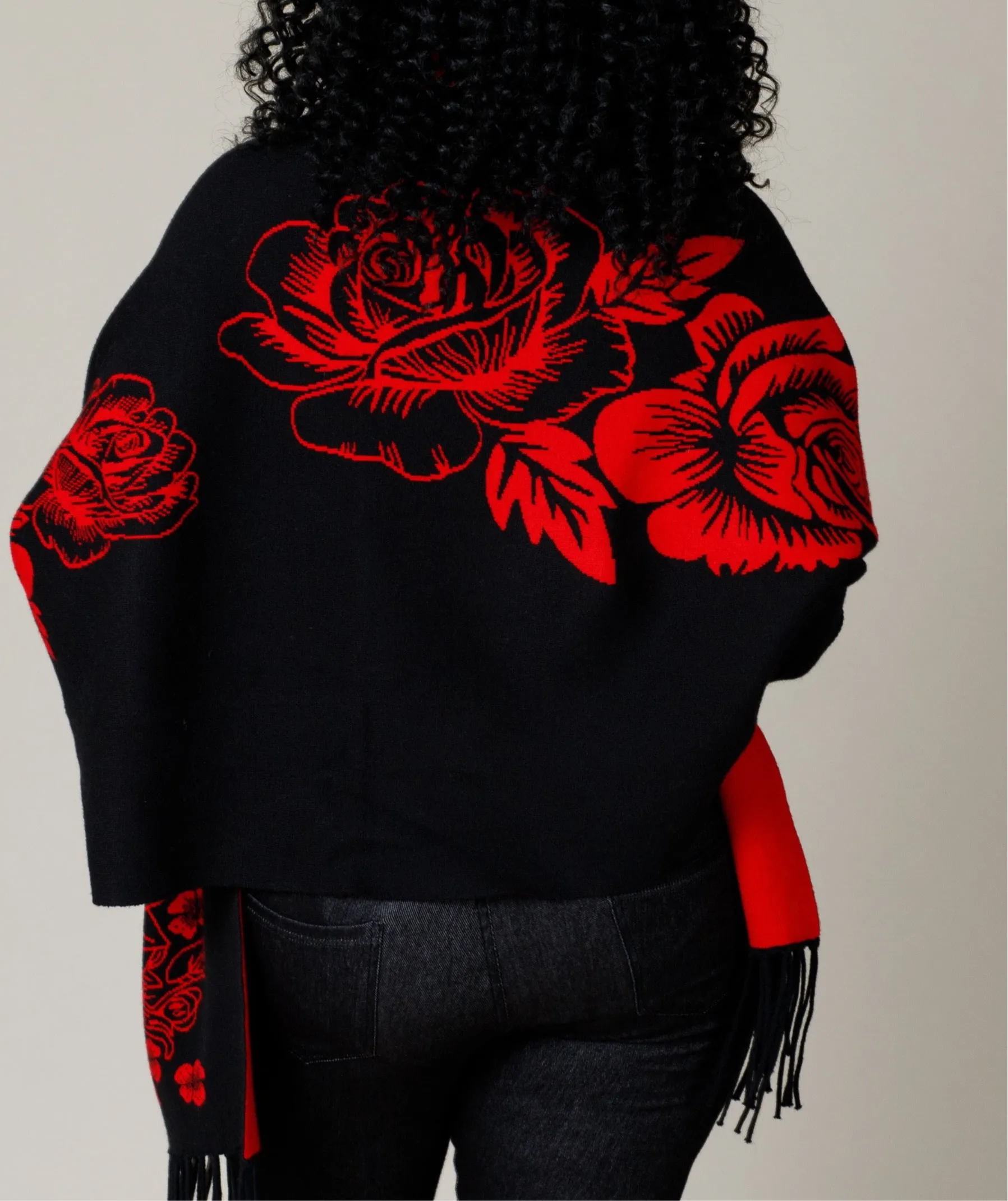 Flower Pattern Sleeve Cape Shawl with Fringe