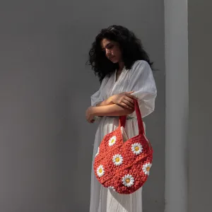 Hand-Crafted Daisy Tote Bag | Hand-Crochet | Cotton Yarn | Red
