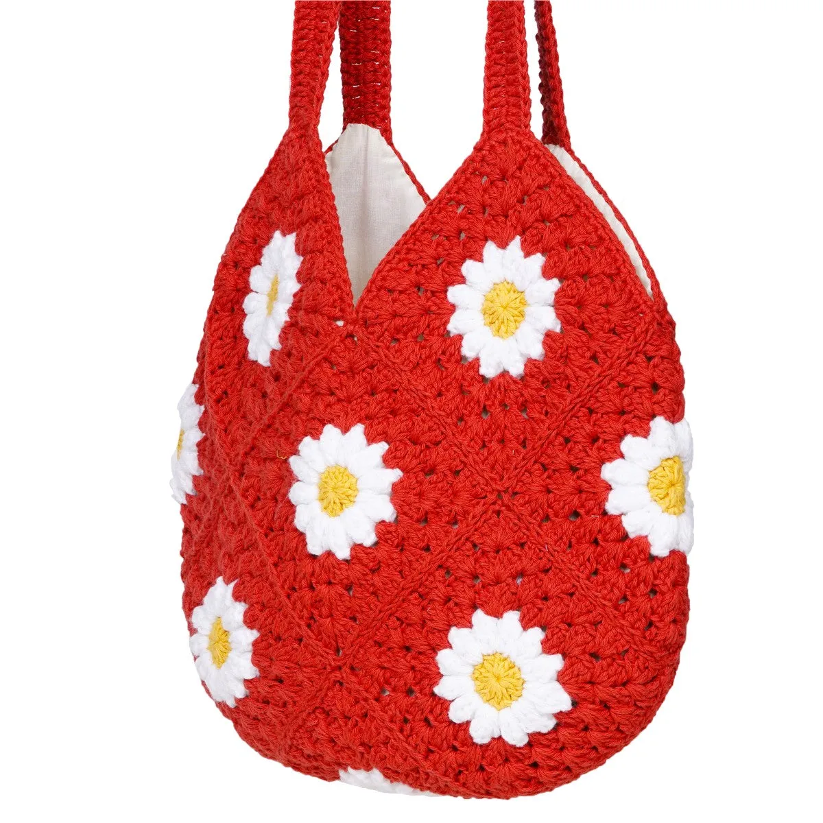 Hand-Crafted Daisy Tote Bag | Hand-Crochet | Cotton Yarn | Red