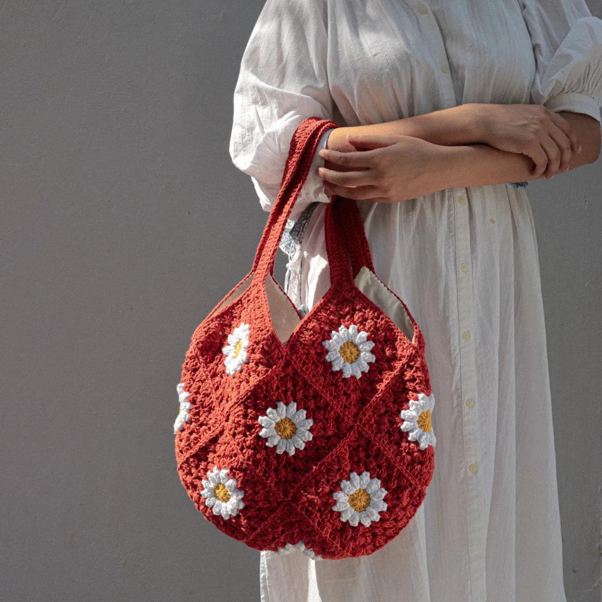 Hand-Crafted Daisy Tote Bag | Hand-Crochet | Cotton Yarn | Red