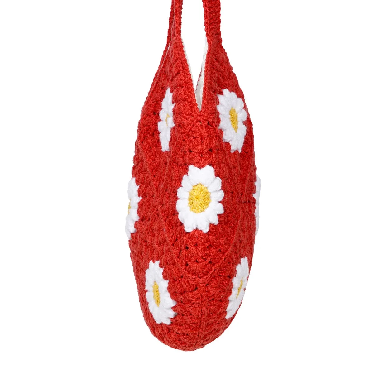 Hand-Crafted Daisy Tote Bag | Hand-Crochet | Cotton Yarn | Red