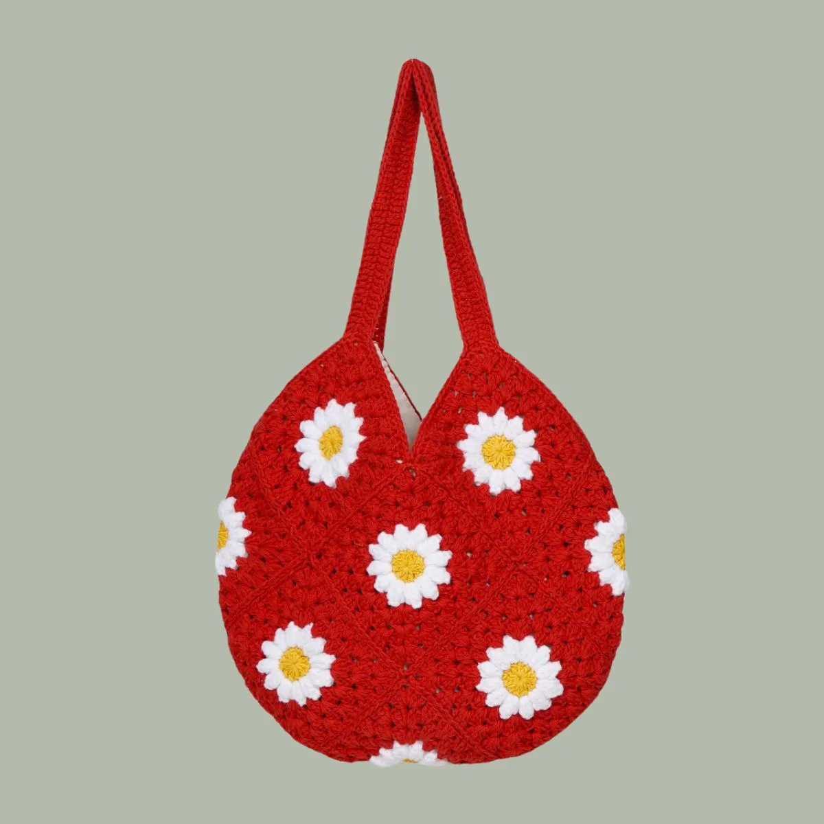 Hand-Crafted Daisy Tote Bag | Hand-Crochet | Cotton Yarn | Red