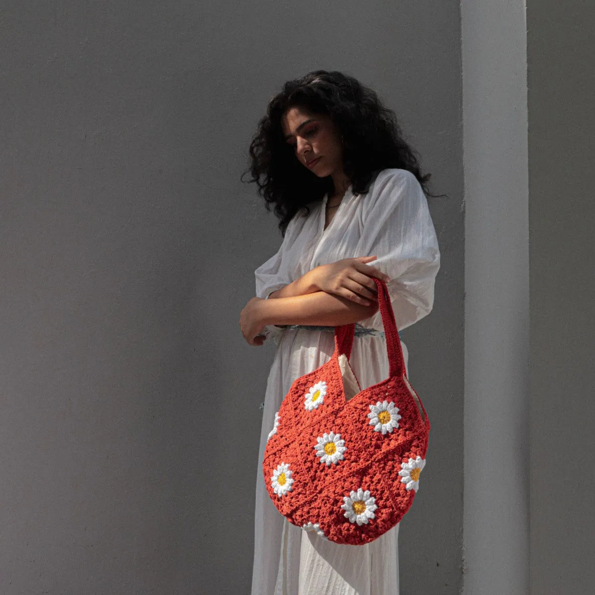 Hand-Crafted Daisy Tote Bag | Hand-Crochet | Cotton Yarn | Red