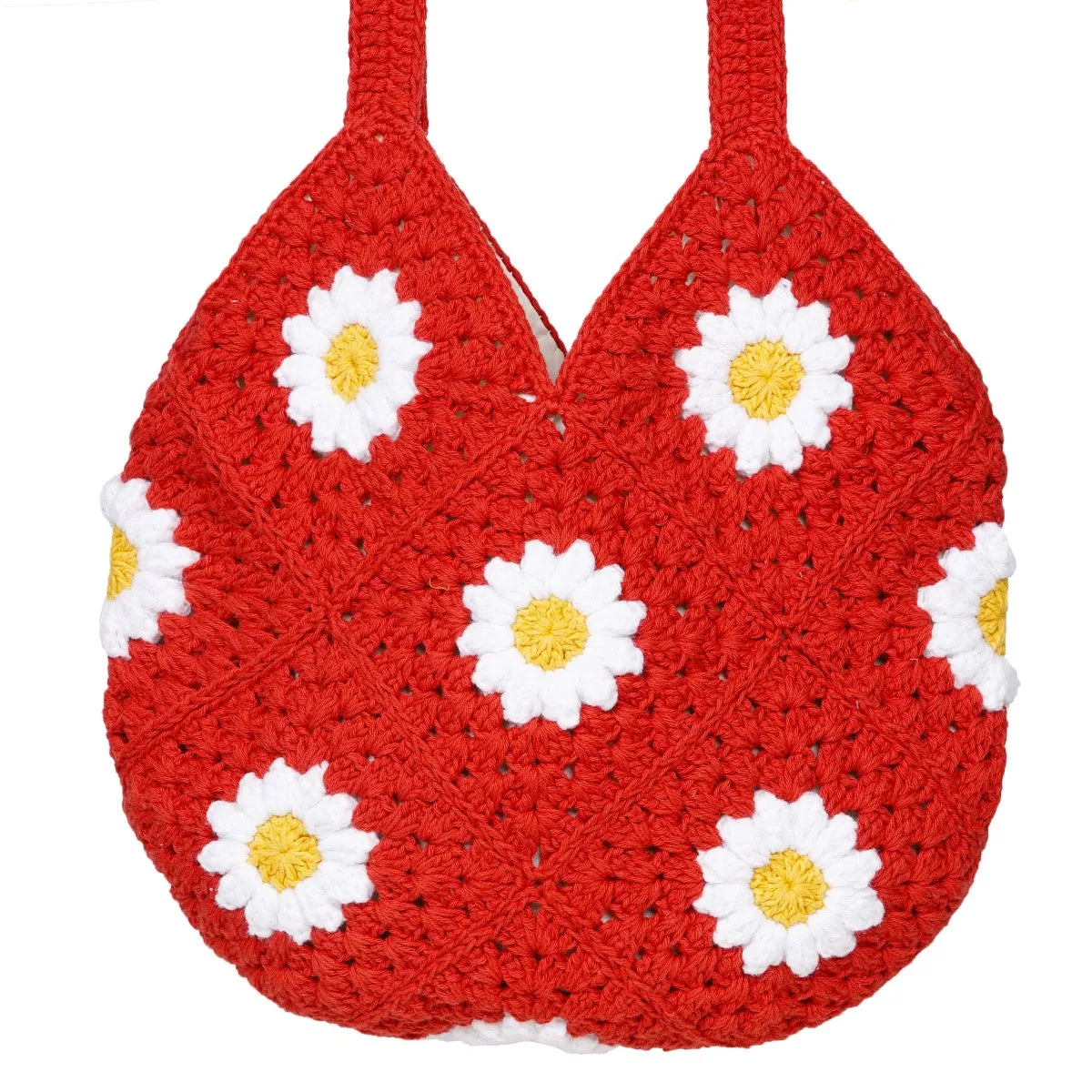 Hand-Crafted Daisy Tote Bag | Hand-Crochet | Cotton Yarn | Red