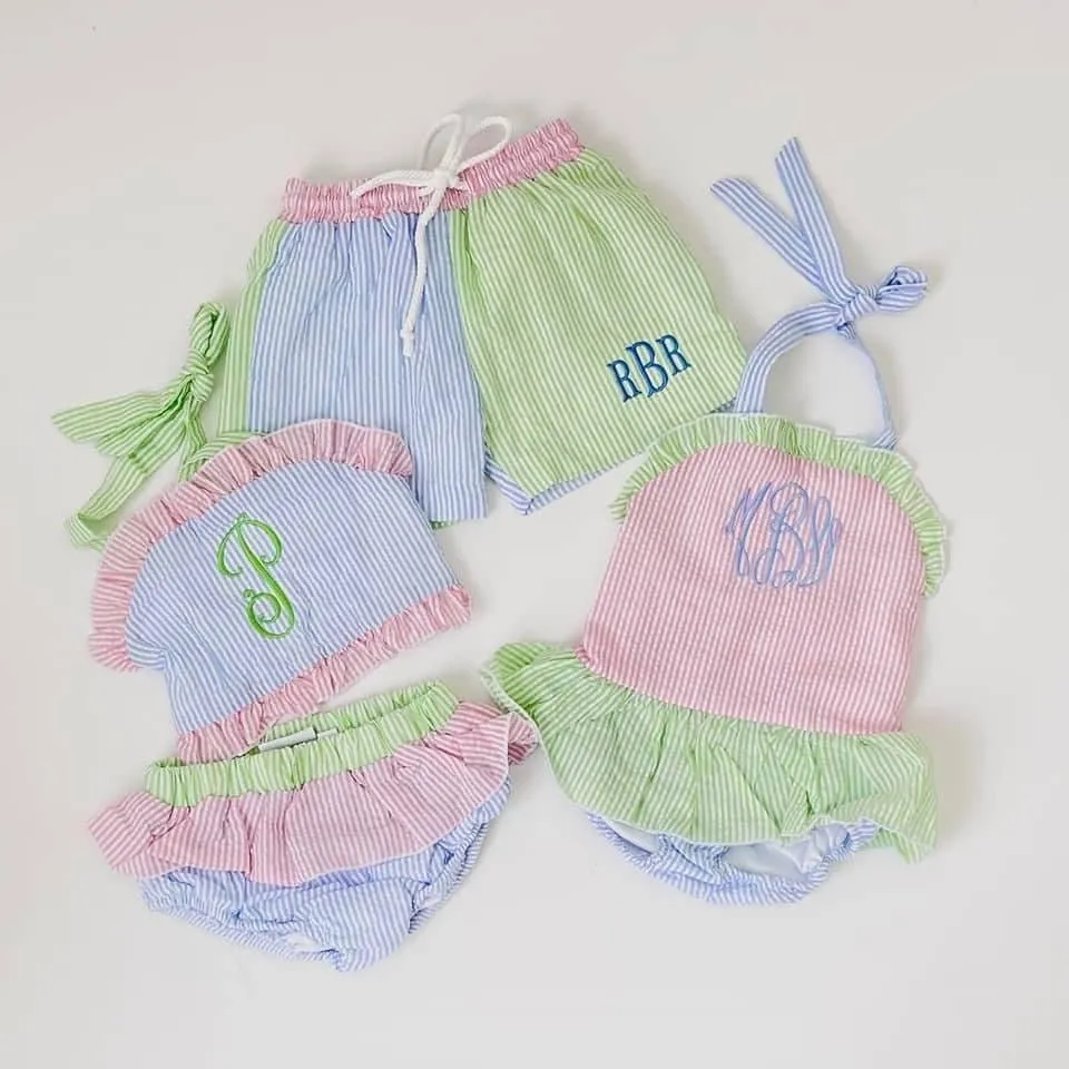 Monogrammed Seersucker Bathing Suit, Girl Seersucker Bathing Suit, Boy Seersucker Bathing Suit, Baby Girl, Baby Boy, Swimsuit, Embroidered