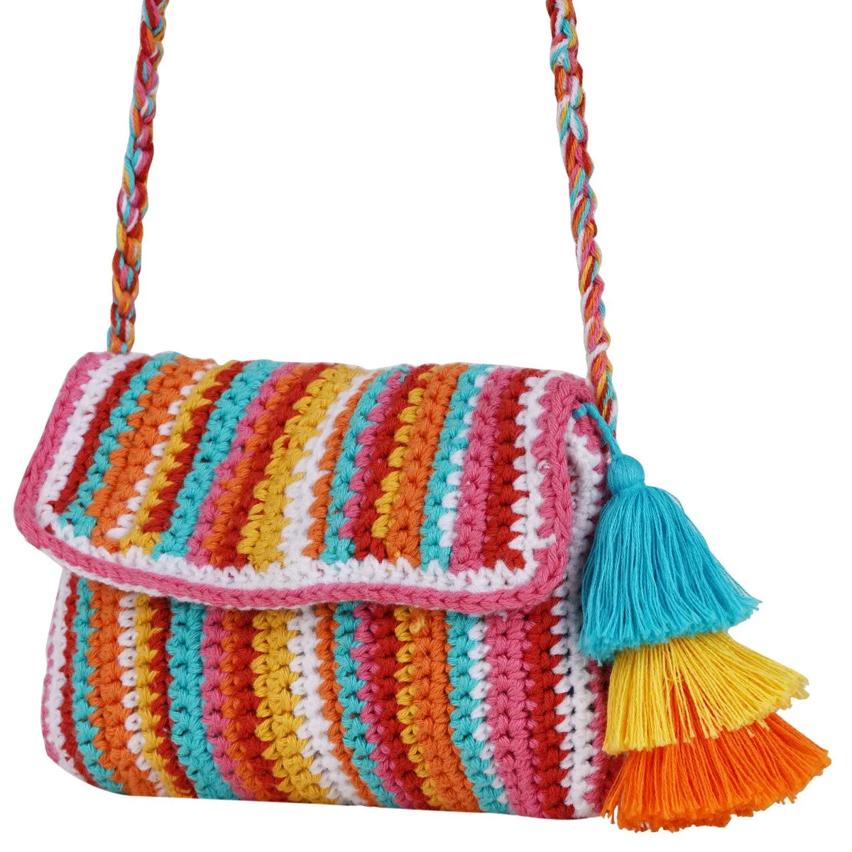 Multi-Colour Stripes Mini Sling Bag | Hand-Crochet | Cotton Yarn