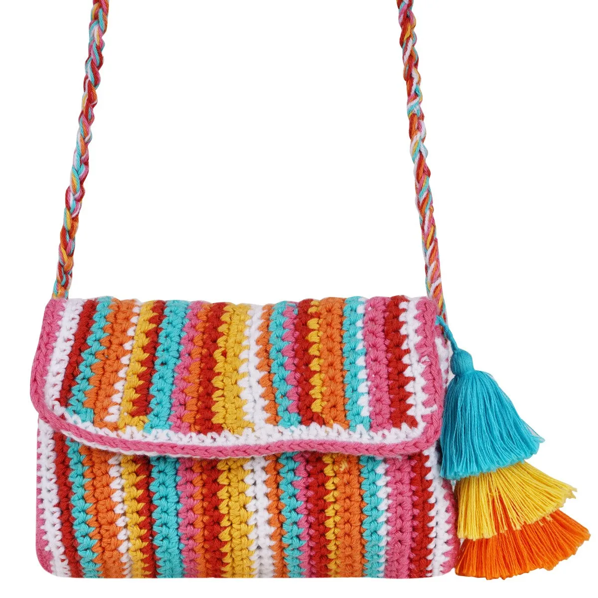 Multi-Colour Stripes Mini Sling Bag | Hand-Crochet | Cotton Yarn