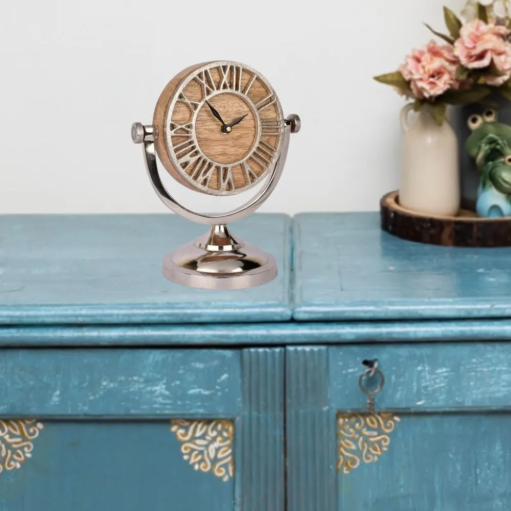 Table Top Clock | Antique Style | Modern Accent | Nickel Finish And Wooden | 9.4"