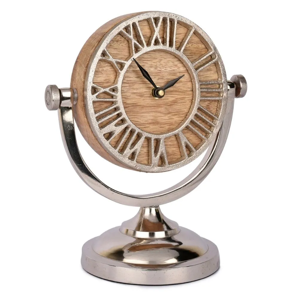 Table Top Clock | Antique Style | Modern Accent | Nickel Finish And Wooden | 9.4"