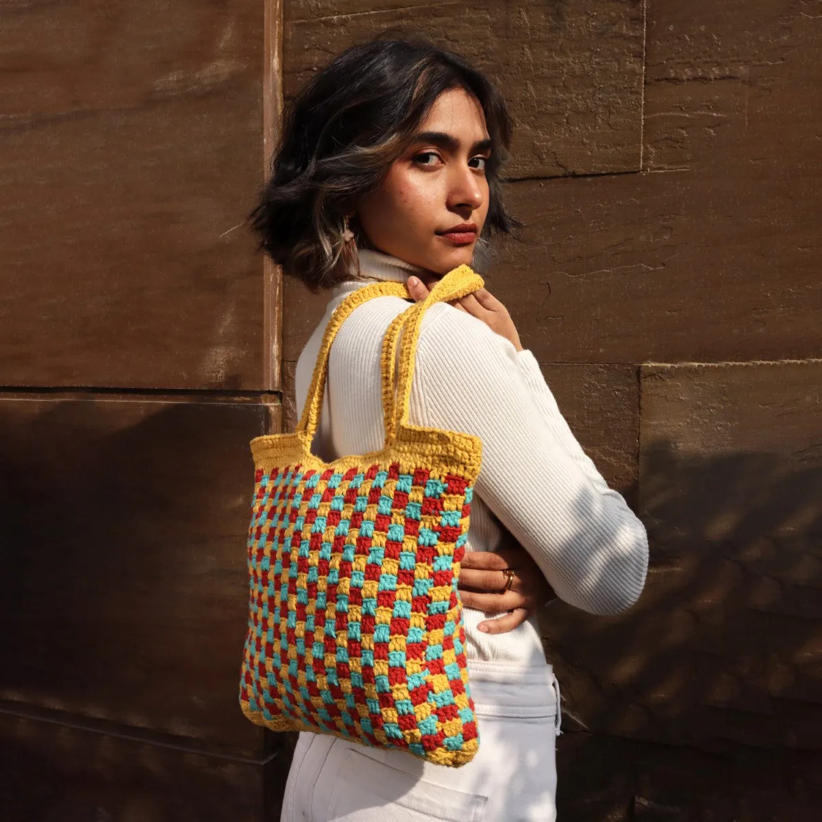 ‎The Checkered Board Hand Bag | Hand-Crochet | Mustard Yellow