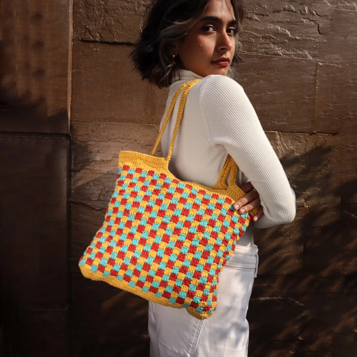 ‎The Checkered Board Hand Bag | Hand-Crochet | Mustard Yellow