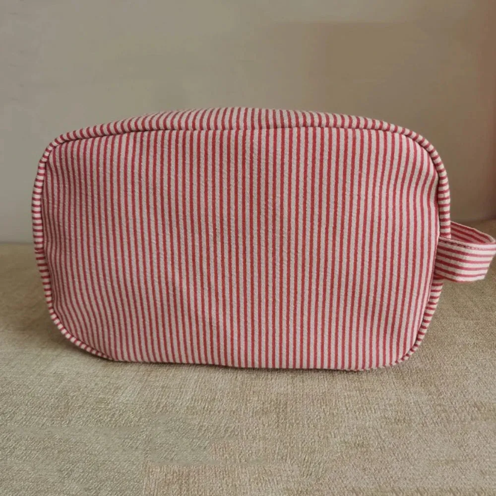 UAKISS  -   Seersucker Cosmetic Bags Women Cute Simple Striped Makeup Bag with Handle Female Large Capacity Travel Toiletries Pouches