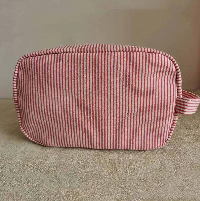 UAKISS  -   Seersucker Cosmetic Bags Women Cute Simple Striped Makeup Bag with Handle Female Large Capacity Travel Toiletries Pouches