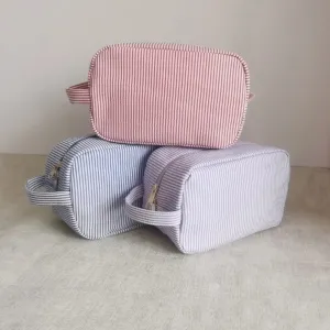 UAKISS  -   Seersucker Cosmetic Bags Women Cute Simple Striped Makeup Bag with Handle Female Large Capacity Travel Toiletries Pouches