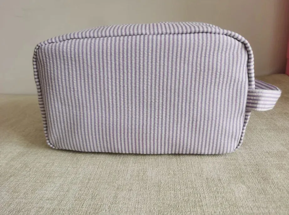UAKISS  -   Seersucker Cosmetic Bags Women Cute Simple Striped Makeup Bag with Handle Female Large Capacity Travel Toiletries Pouches