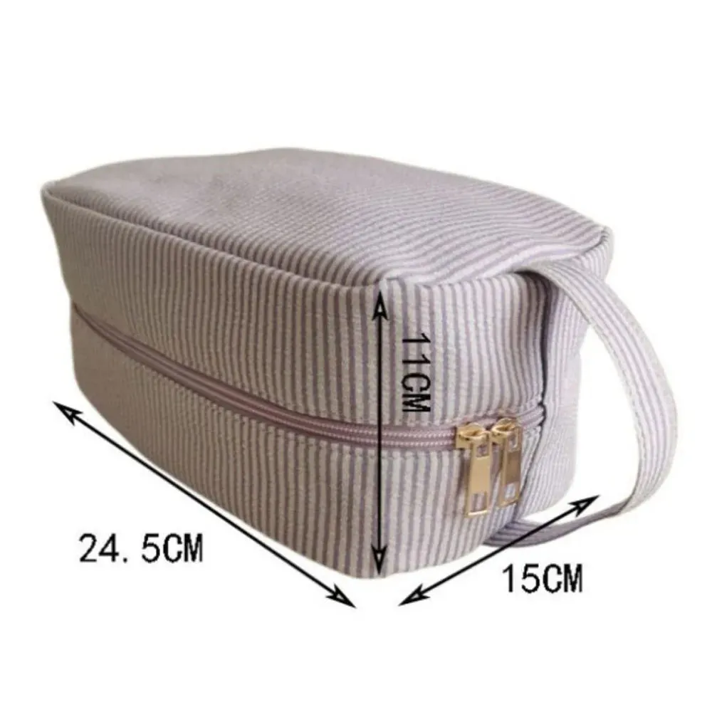 UAKISS  -   Seersucker Cosmetic Bags Women Cute Simple Striped Makeup Bag with Handle Female Large Capacity Travel Toiletries Pouches