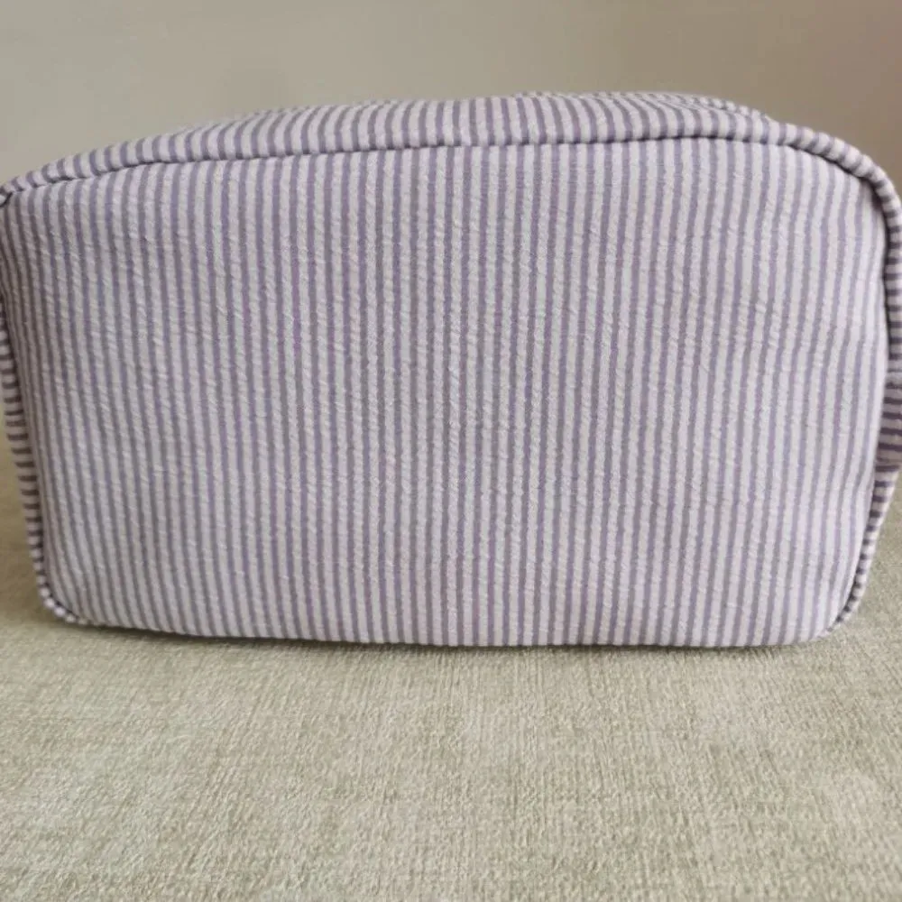 UAKISS  -   Seersucker Cosmetic Bags Women Cute Simple Striped Makeup Bag with Handle Female Large Capacity Travel Toiletries Pouches